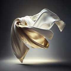 Illustration of white silk cloth flying on a dark background. Generative AI.