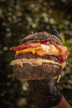 hamburguesa de pan negro con queso huevo panceta Bacon cheddar agarrada con mano con guante sobre fondo de hojas de planta