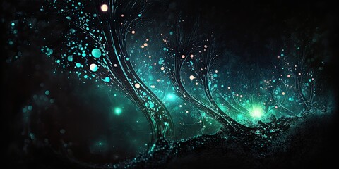 Abstract bioluminescent underwater fantasy. Glowing lights. Dreamy seascape. 3D stars, plants, fish, space, reef design.