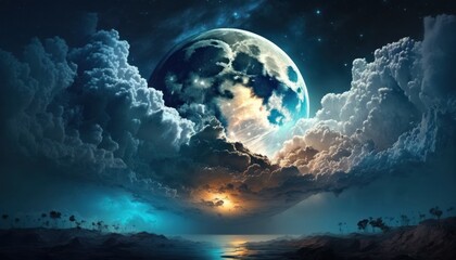 Moon Diving into Clouds - Epic Illustration