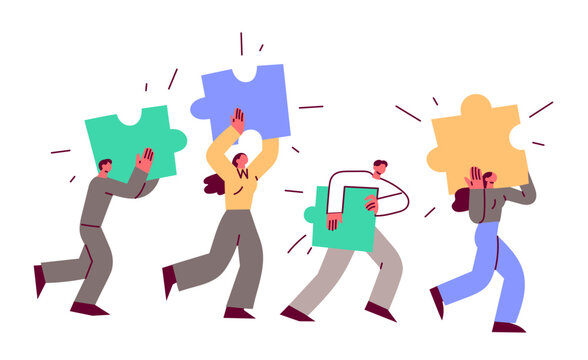 Business people running with puzzle pieces