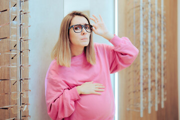Pregnant Woman Trying New Eyeglasses Having Different Diopters. Mother to be complaining about...