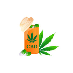 Bottle with cannabidiol capsules and medical cannabis marijuana leaf. CBD for healthcare. Vector illustration cartoon flat icon.