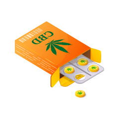 Box with cannabidiol pills, CBD for healthcare. Medical cannabis marijuana. Vector illustration cartoon flat icon.