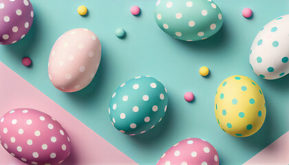 A colorful easter egg with polka dots on a blue background Generative ai