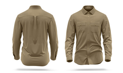 Shirt cargo style, Long Sleeve, chest pocket, High-quality 3d rendered, khaki Color Front and back  - obrazy, fototapety, plakaty
