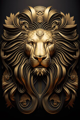 Golden Lion Head Art Deco Illustration on Black Background