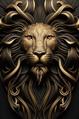 Fototapeta na wymiar Golden Lion Head Art Deco Illustration on Black Background