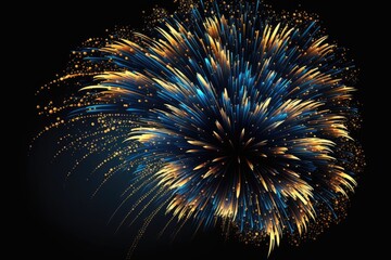 Gold and dark blue Fireworks in New Year eve. New year celebration concept. Gold-dunkelblaues Feuerwerk in der Silvesternacht. Neujahrsfeier Konzept. Generative AI