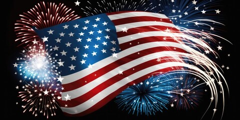 USA flag with firework background design for USA 4 july independence day.  USA-Flagge mit Feuerwerk Hintergrund. Design für USA 4 Juli Unabhängigkeitstag. Generative AI