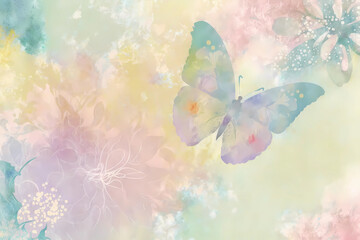 A pastel flower background with a watercolor butterfly. digital art illustration. generative AI.