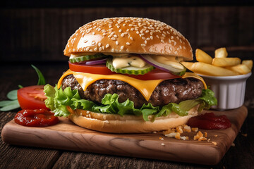 Delicious burger , fries, cheese, on wooden background. AI Generated..
