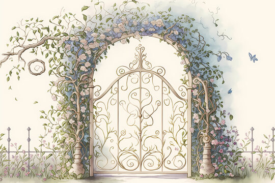 A pastel garden gate flower background. digital art illustration. generative AI.