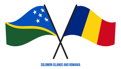 Solomon Islands and Romania Flags Crossed And Waving Flat Style. Official Proportion. Correct Colors
