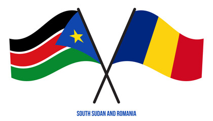 South Sudan and Romania Flags Crossed And Waving Flat Style. Official Proportion. Correct Colors.