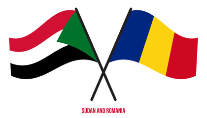 Sudan and Romania Flags Crossed And Waving Flat Style. Official Proportion. Correct Colors.