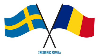 Sweden and Romania Flags Crossed And Waving Flat Style. Official Proportion. Correct Colors.