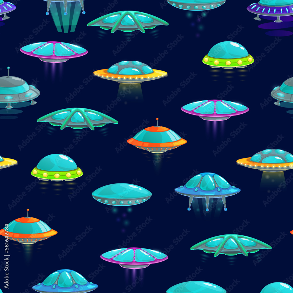 Poster cartoon ufo and spacecrafts seamless pattern. vector background with cute alien saucers on blue back