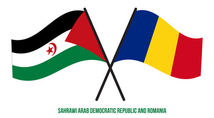 Sahrawi and Romania Flags Crossed And Waving Flat Style. Official Proportion. Correct Colors.