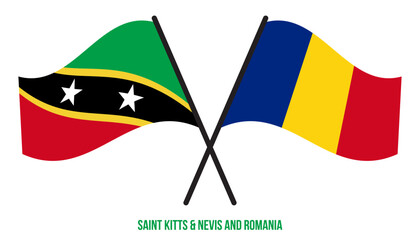 Saint Kitts & Nevis and Romania Flags Crossed And Waving Flat Style. Official Proportion.