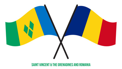 Saint Vincent & the Grenadines and Romania Flags Crossed And Waving Flat Style. Official Proportion.