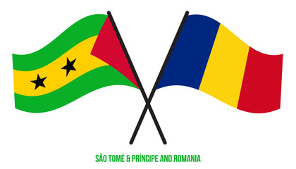 Sao Tome and Romania Flags Crossed And Waving Flat Style. Official Proportion. Correct Colors.