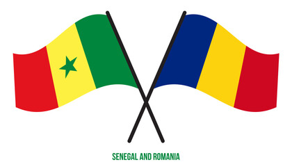 Senegal and Romania Flags Crossed And Waving Flat Style. Official Proportion. Correct Colors.