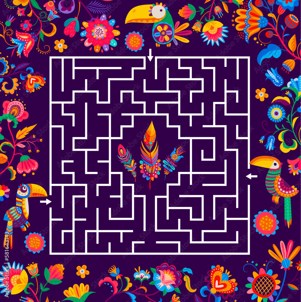 Leinwandbilder labyrinth maze game, help toucan to find feather, kids quiz vector worksheet. find way puzzle with t