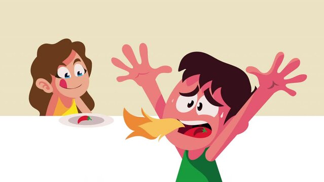 little kids couple eating chilli characters animation