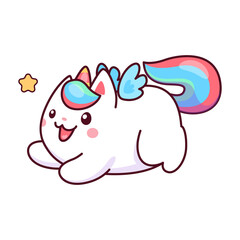 Cute caticorn character of vector cartoon unicorn cat animal. Funny cat, kitty or kitten personage with rainbow tail, unicorn horn and mane, angel wings and star. Fairy caticorn, cute kawaii face