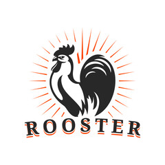 Fototapeta premium Agriculture and farm rooster icon. Vector cockerel silhouette and rays label. Isolated emblem with chicken cock for livestock farm production, poultry rustic farm, domestic fowl or gamecock