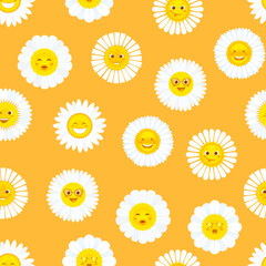 Camomile smile, daisy flowers seamless pattern background, vector cartoon character faces. Happy cute chamomiles or camomile daisy flowers emoji or emoticons with petals pattern on yellow background