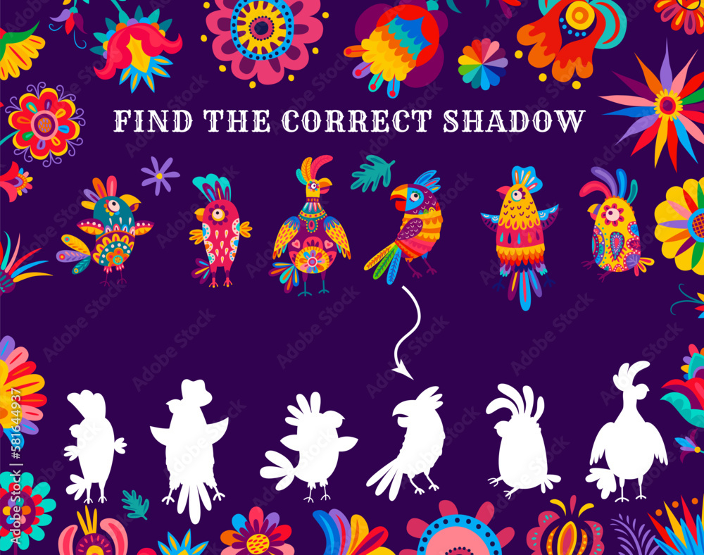 Poster find the correct shadow of brazilian parrots kids game. shadow match vector riddle worksheet with tr