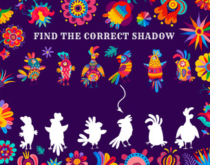 Find the correct shadow of brazilian parrots kids game. Shadow match vector riddle worksheet with tropical birds in traditional alebrije style. Search suitable silhouette of parrot children logic task