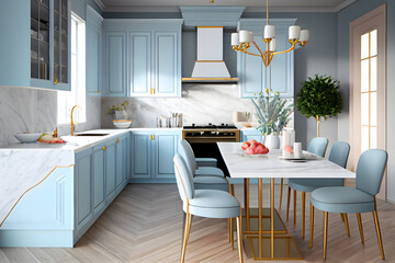 Fototapeta na wymiar Luxury marble modern kitchen featuring light blue flat front cabinets paired with white countertops, dining table and furniture