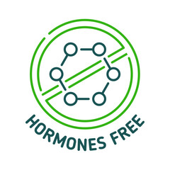 Hormones free icon of vector organic farm and agriculture products. Green prohibition sign with hormone molecule, isolated label or tag for healthy food, diet nutrition, natural chicken or cattle meat - obrazy, fototapety, plakaty