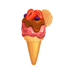 Cartoon ice cream cone, gelato or frozen yogurt, vector dessert food. Melted strawberry soft serve ice cream with chocolate sauce and berries in sugar waffle cone, fruit flavored sundae dessert