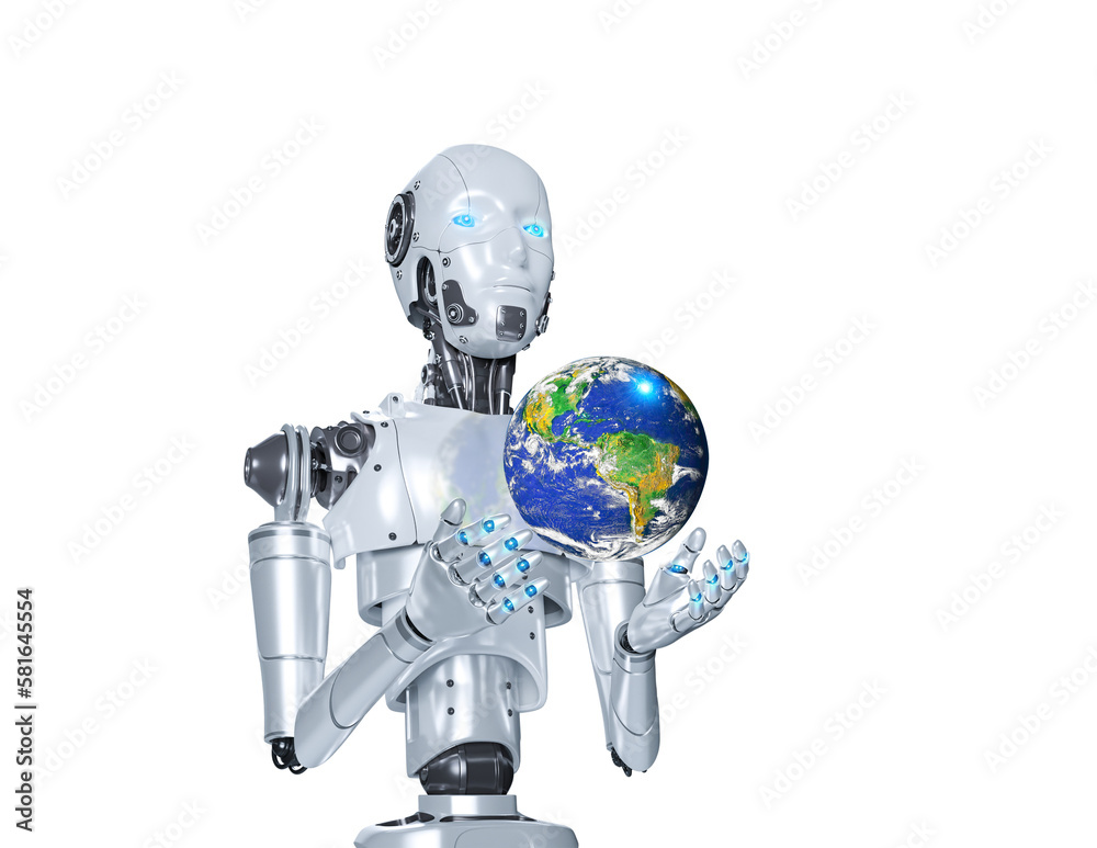 Poster robot holding planet earth isolated on transparent background, 3d rendering and png file, elements o