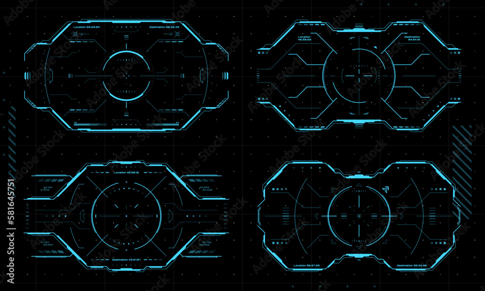 Aufkleber HUD aim control target frames, UI interface or cyber game border, vector futuristic technology. HUD aim target on digital screen frame, Sci Fi or space tech display background of viewfinder dashboard