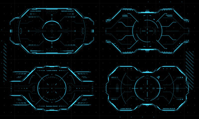 HUD aim control target frames, UI interface or cyber game border, vector futuristic technology. HUD aim target on digital screen frame, Sci Fi or space tech display background of viewfinder dashboard