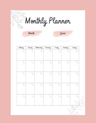 monthly planner. Minimalist planner template set. Vector illustration.