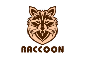 Vector logo example, kawaii cute raccoon head with open mouth. Sticker, icon or emblem. White isolated background.