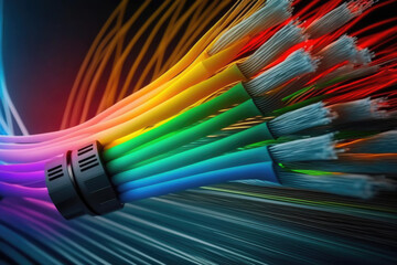 Optical fiber speed concept banner, colorful lines cable and plug close up high speed network data transfer, generative AI