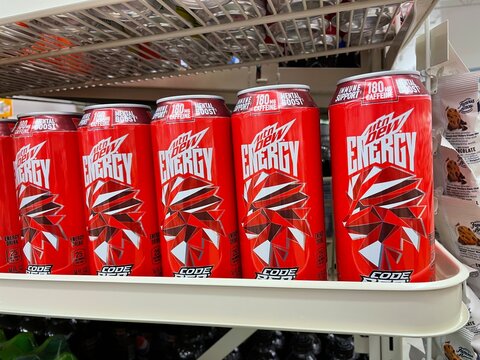 Grocery store MTN Dew Code red energy drink on display