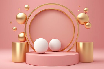 Gold round podium for display product or for merchandise with levitating balls on pink background created with Generative AI technology.