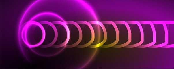 Neon glowing circles and round shape lines, magic energy space light concept, abstract background wallpaper design