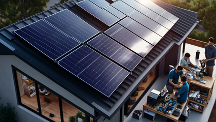 Obraz premium Architect installing solar panels on roof of house, image generate by ai