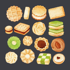 Set of delicious cookies watercolor vector illustration.