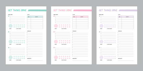 3 set of get it done planner. Minimalist planner template set. Vector illustration.