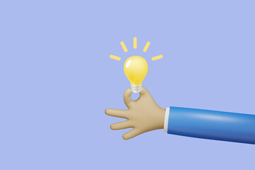 Businessman hand holding creative lightbulb. Business idea and inspiration. 3D rendering cartoon character.